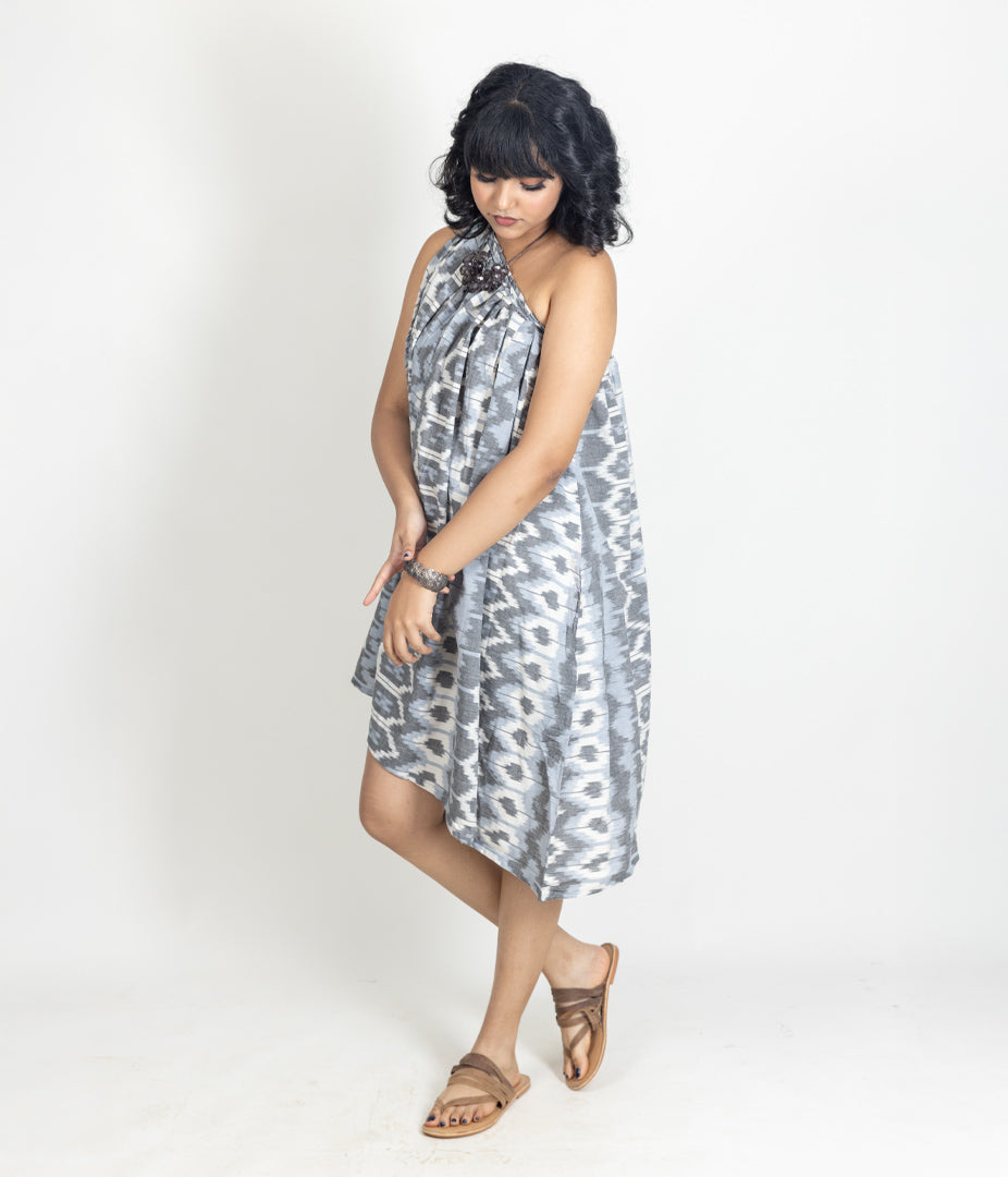 Ikat Grey & Blue Womens Off-Shoulder Dress