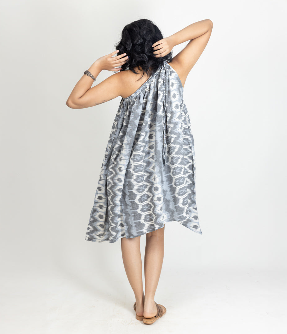 Ikat Grey & Blue Womens Off-Shoulder Dress