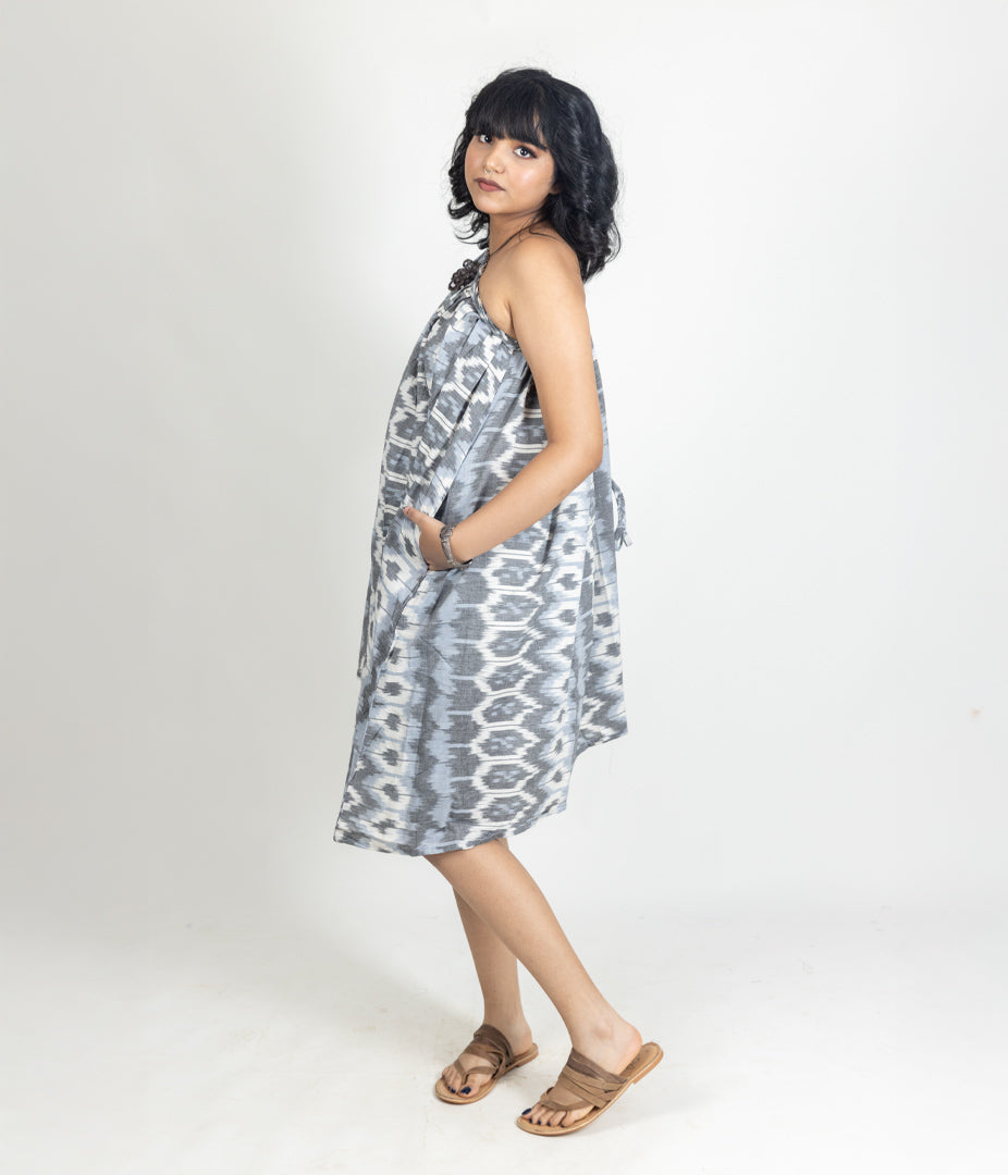 Ikat Grey & Blue Womens Off-Shoulder Dress