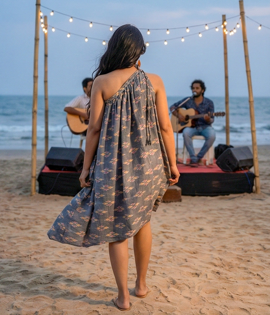 Ikat Grey Womens Off-Shoulder Dress