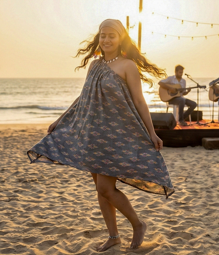 Ikat Grey Womens Off-Shoulder Dress