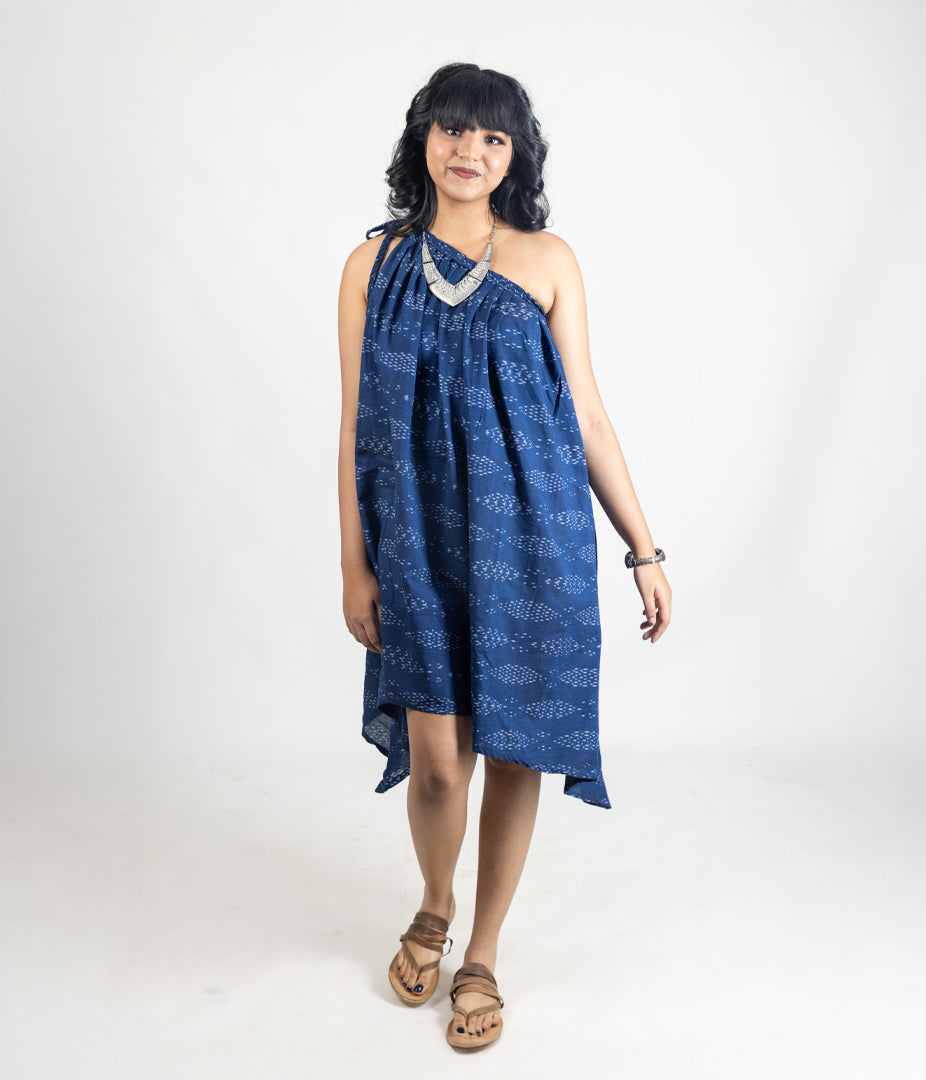 Ikat Navy Womens Off-Shoulder Dress