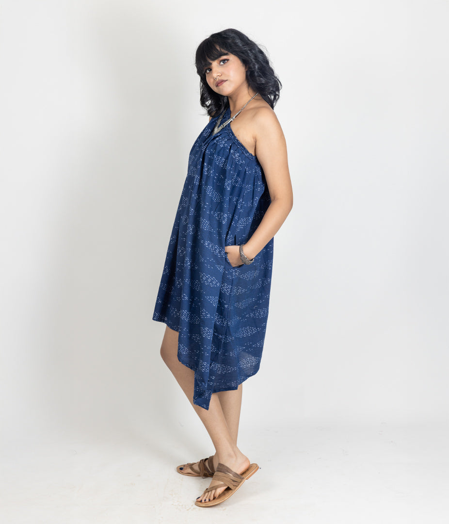Ikat Navy Womens Off-Shoulder Dress