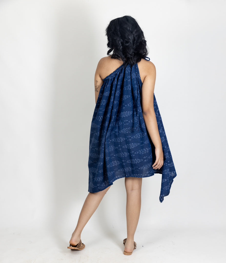 Ikat Navy Womens Off-Shoulder Dress