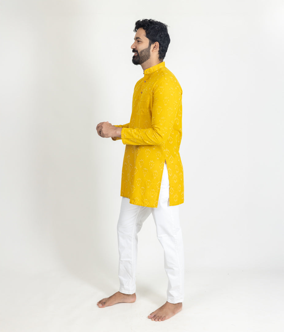 Ikat Yellow Mens Short Kurta