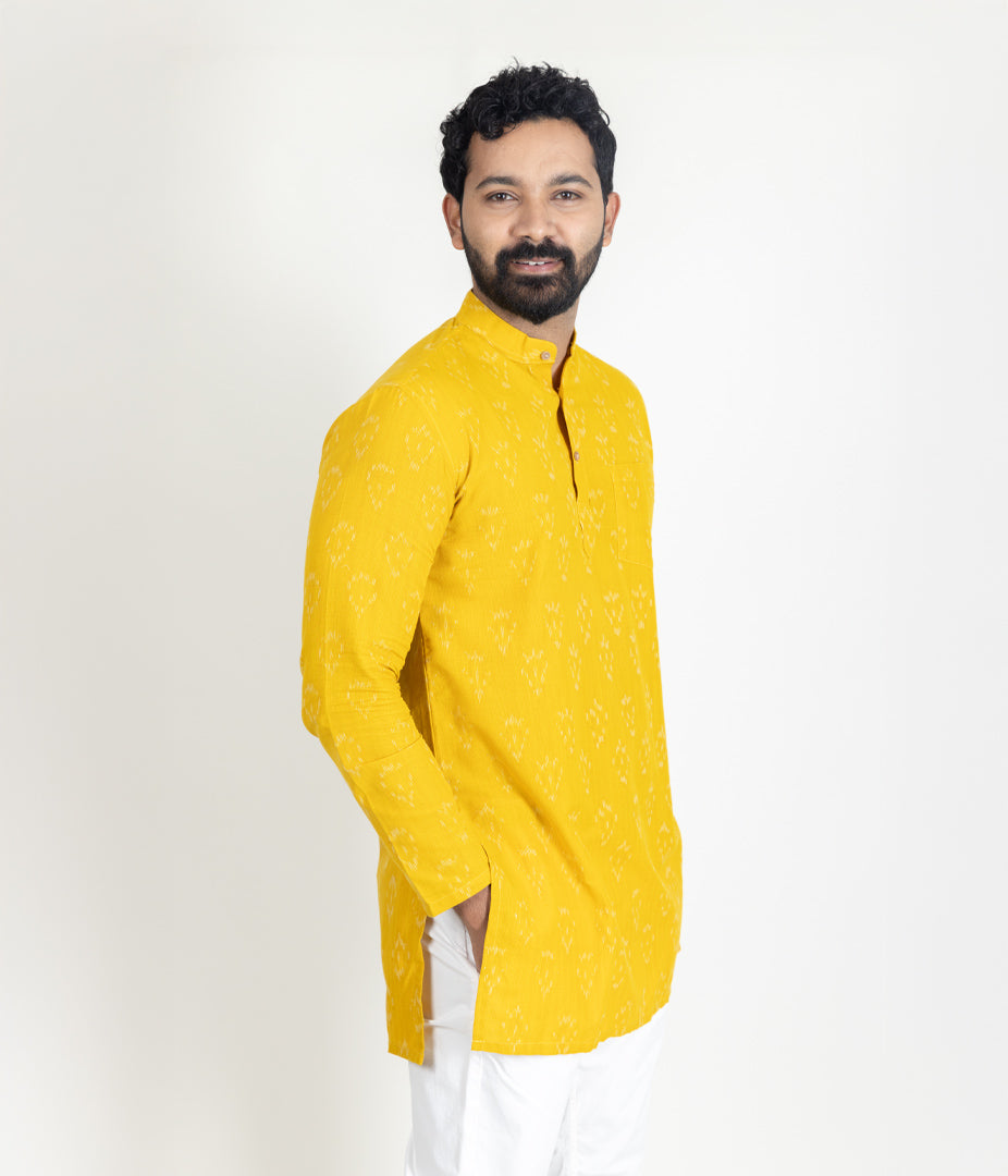 Ikat Yellow Mens Short Kurta