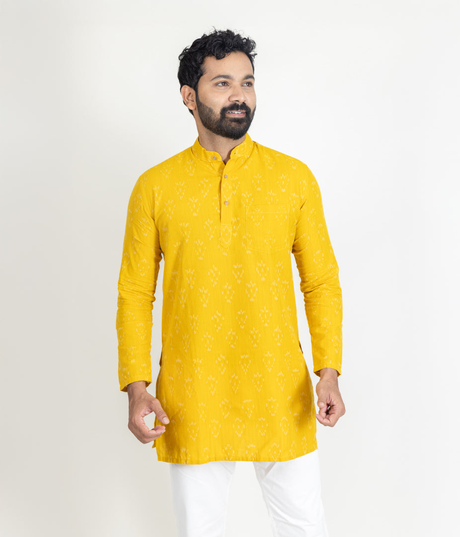 Ikat Yellow Mens Short Kurta