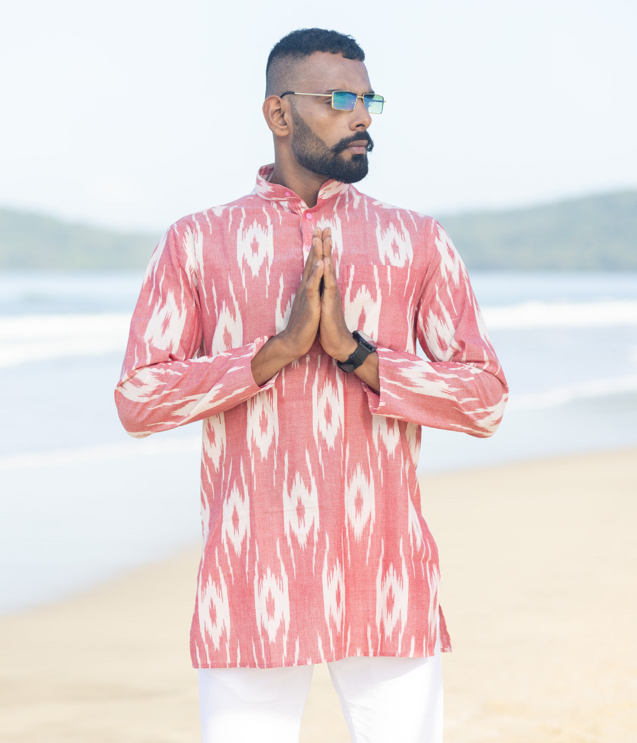 Ikat Coral Patterned Mens Short Kurta