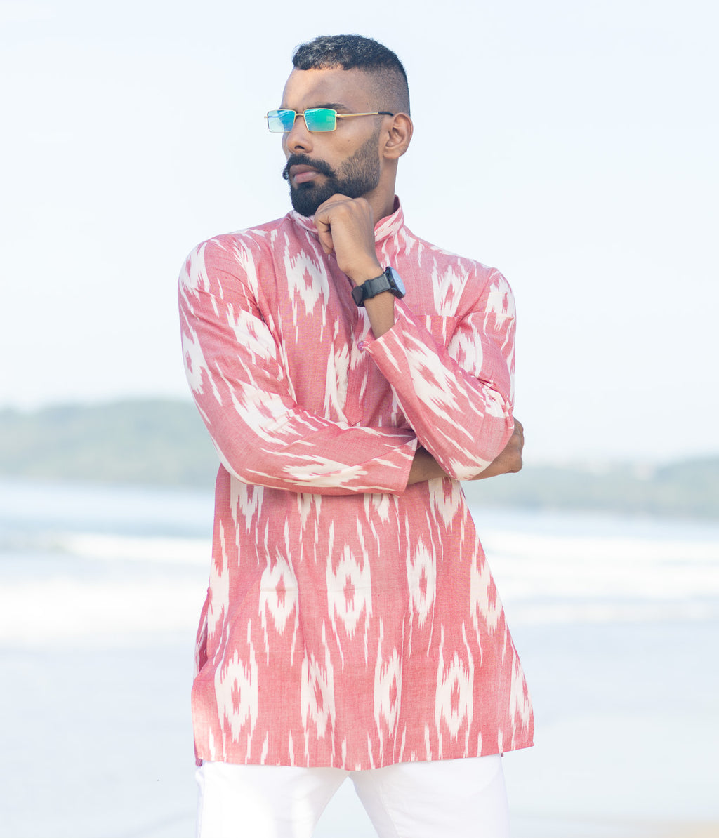 Ikat Coral Patterned Mens Short Kurta