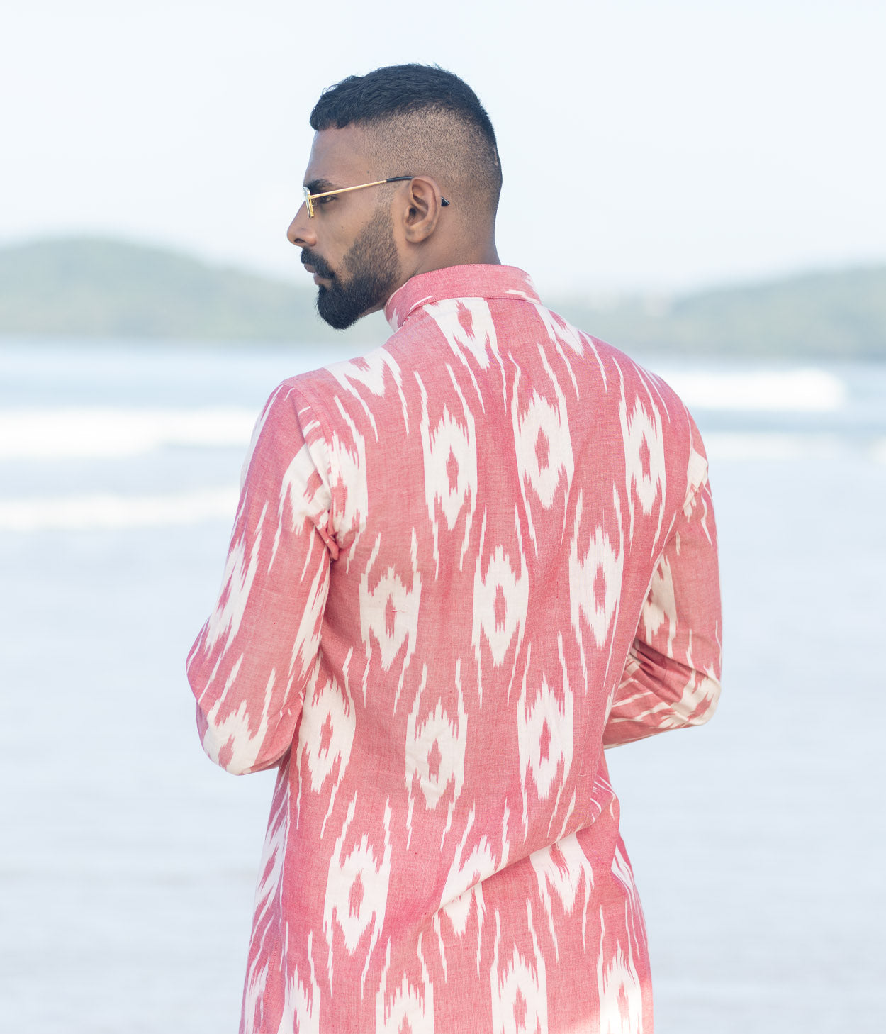 Ikat Coral Patterned Mens Short Kurta