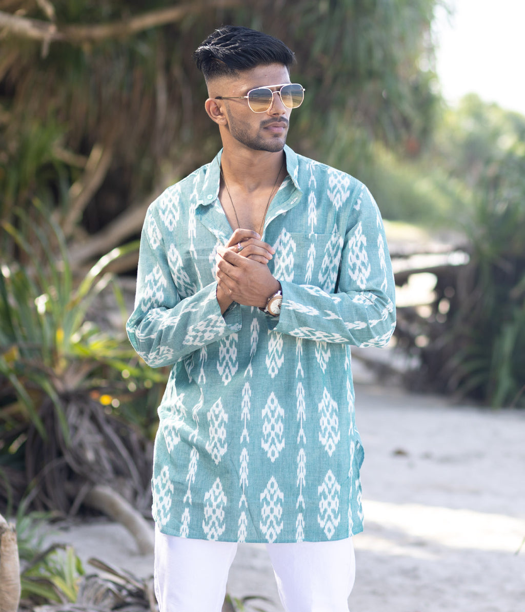 Ikat Green Patterned Mens Short Kurta