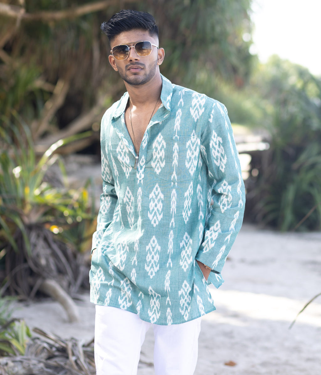Ikat Green Patterned Mens Short Kurta