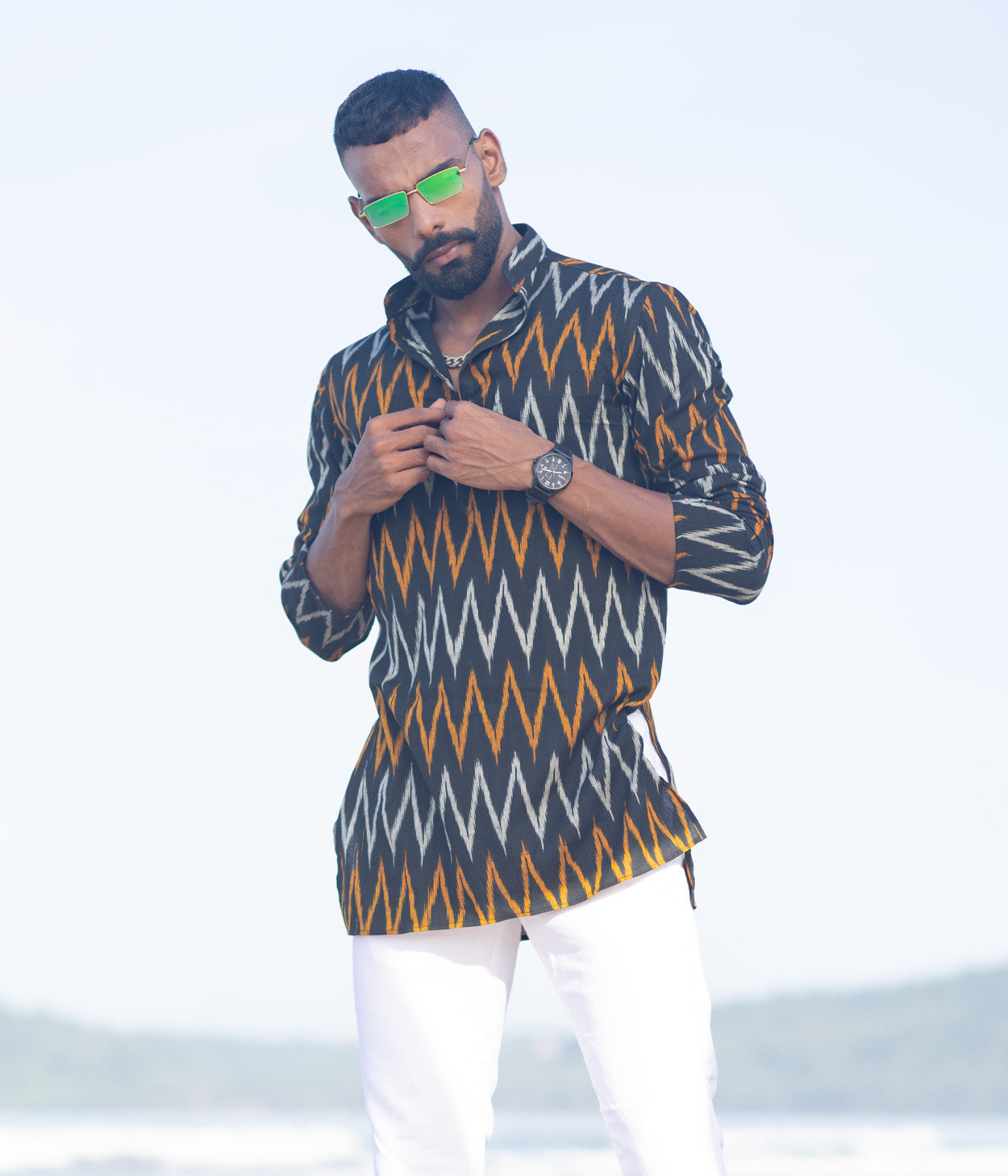 Ikat Grey-Orange Patterned Mens Short Kurta Main image