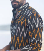 Ikat Grey-Orange Patterned Mens Short Kurta