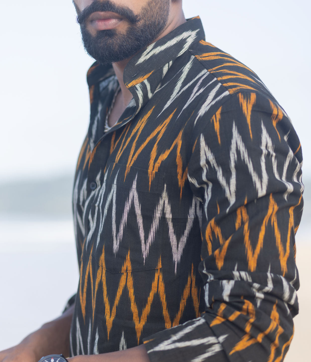 Ikat Grey-Orange Patterned Mens Short Kurta