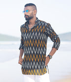 Ikat Grey-Orange Patterned Mens Short Kurta