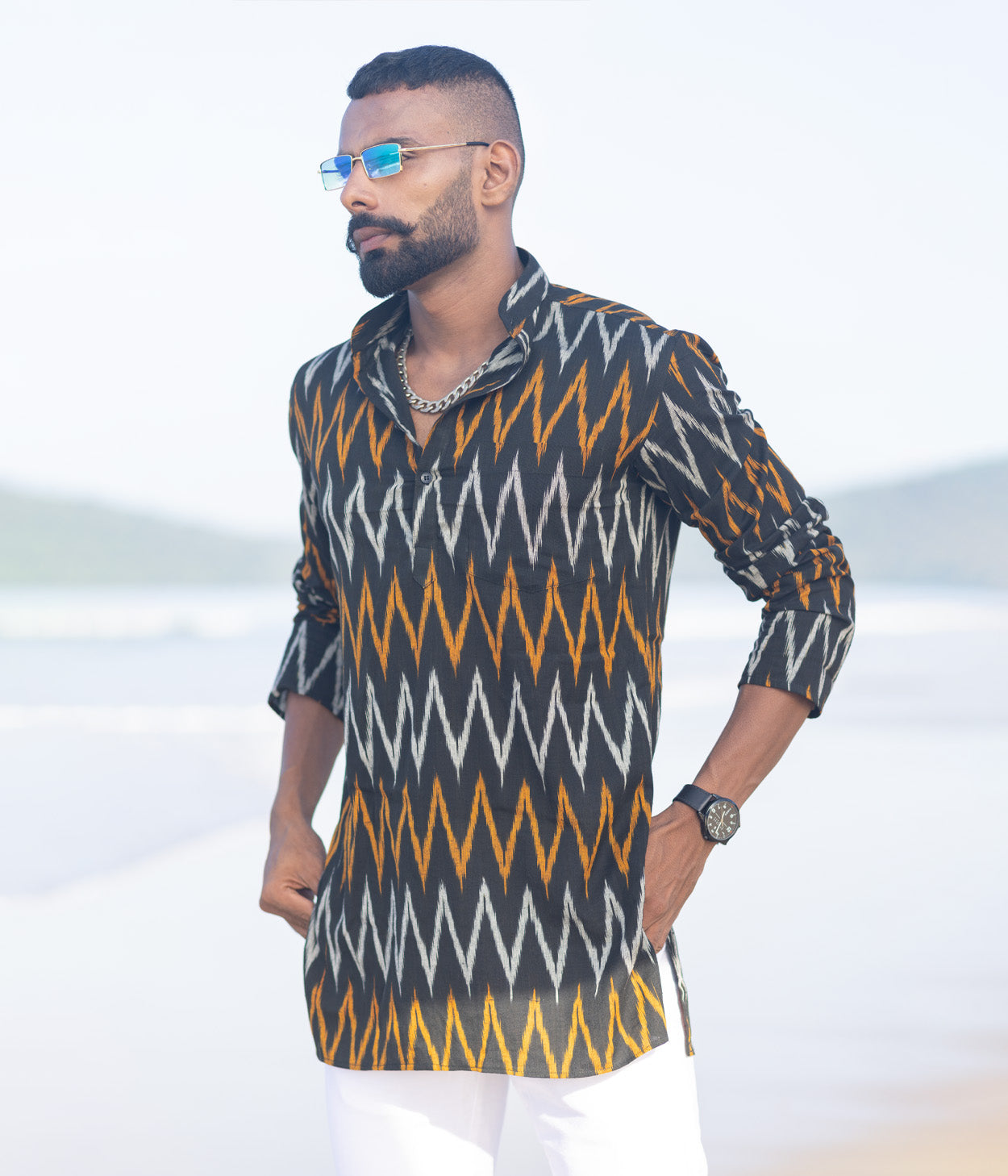 Ikat Grey-Orange Patterned Mens Short Kurta
