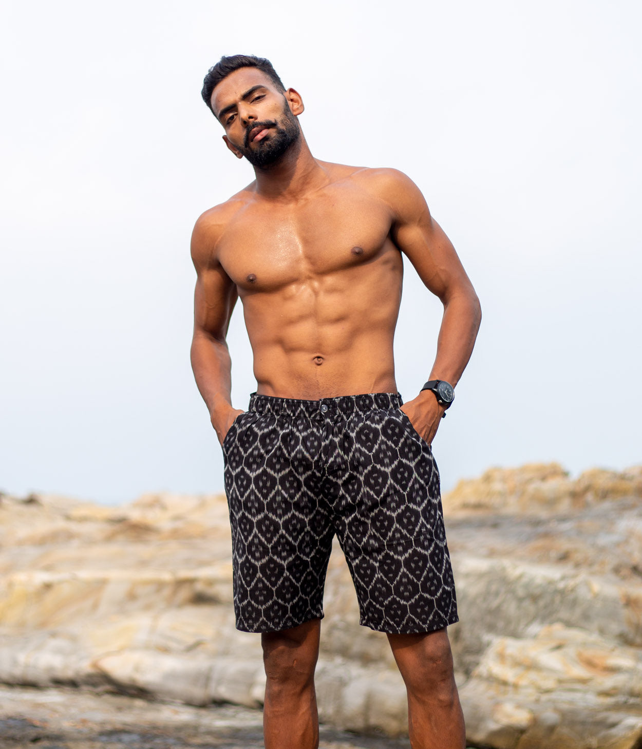 Black Honeycomb Patterned Ikat Mens Shorts Main image