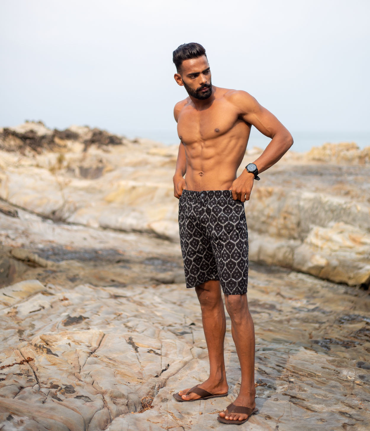 Black Honeycomb Patterned Ikat Mens Shorts Secondary image