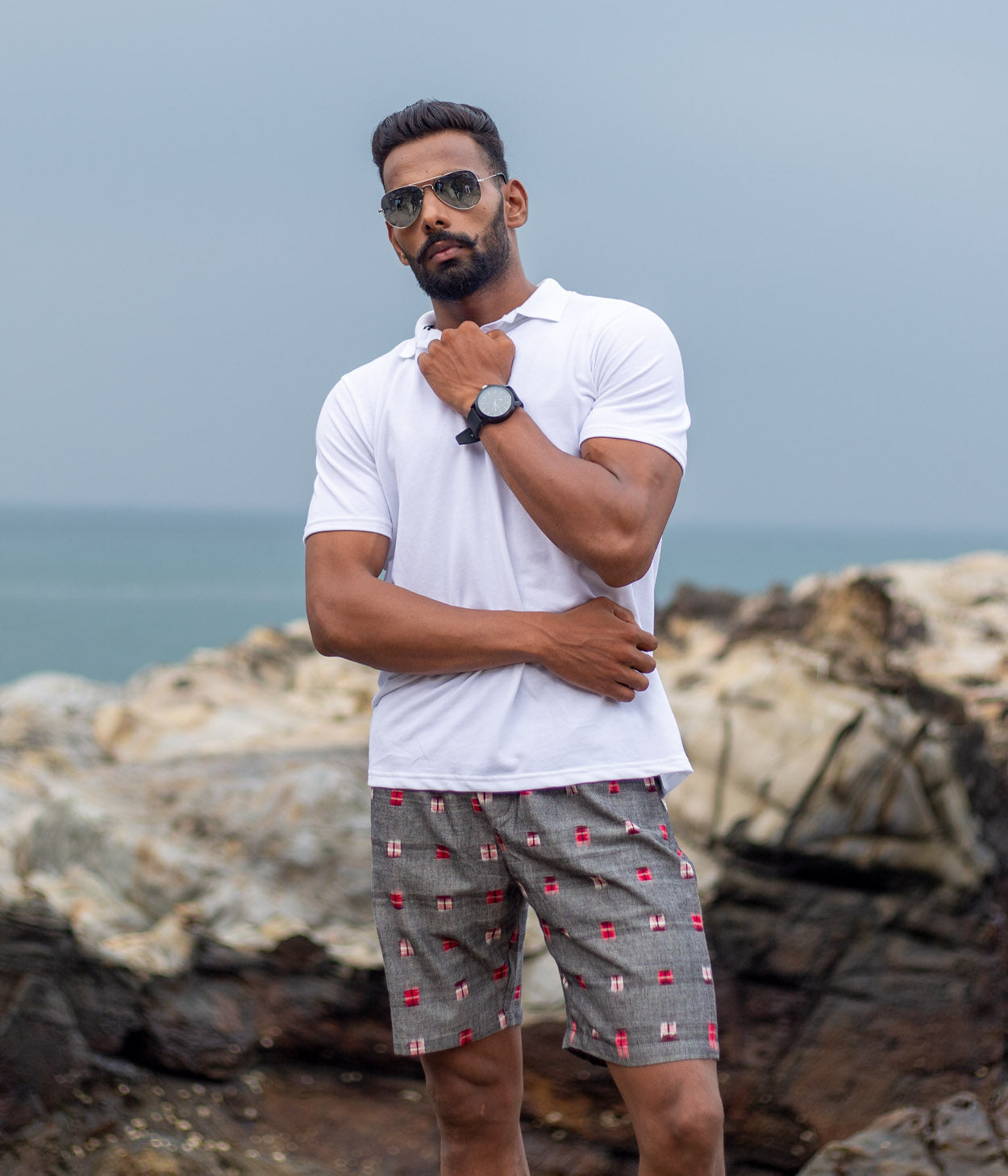 Grey-Red Squares Ikat Mens Shorts Main image