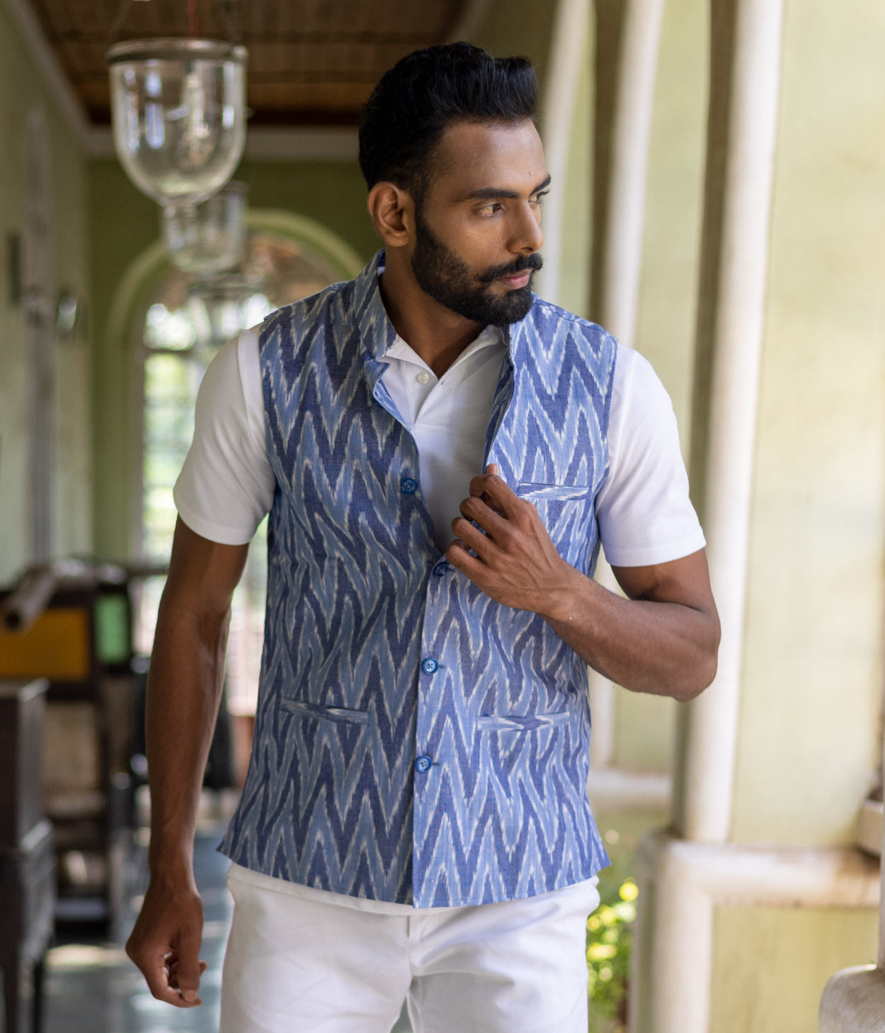 Ikat Blue Chevrons Mens Nehru Jacket Main image
