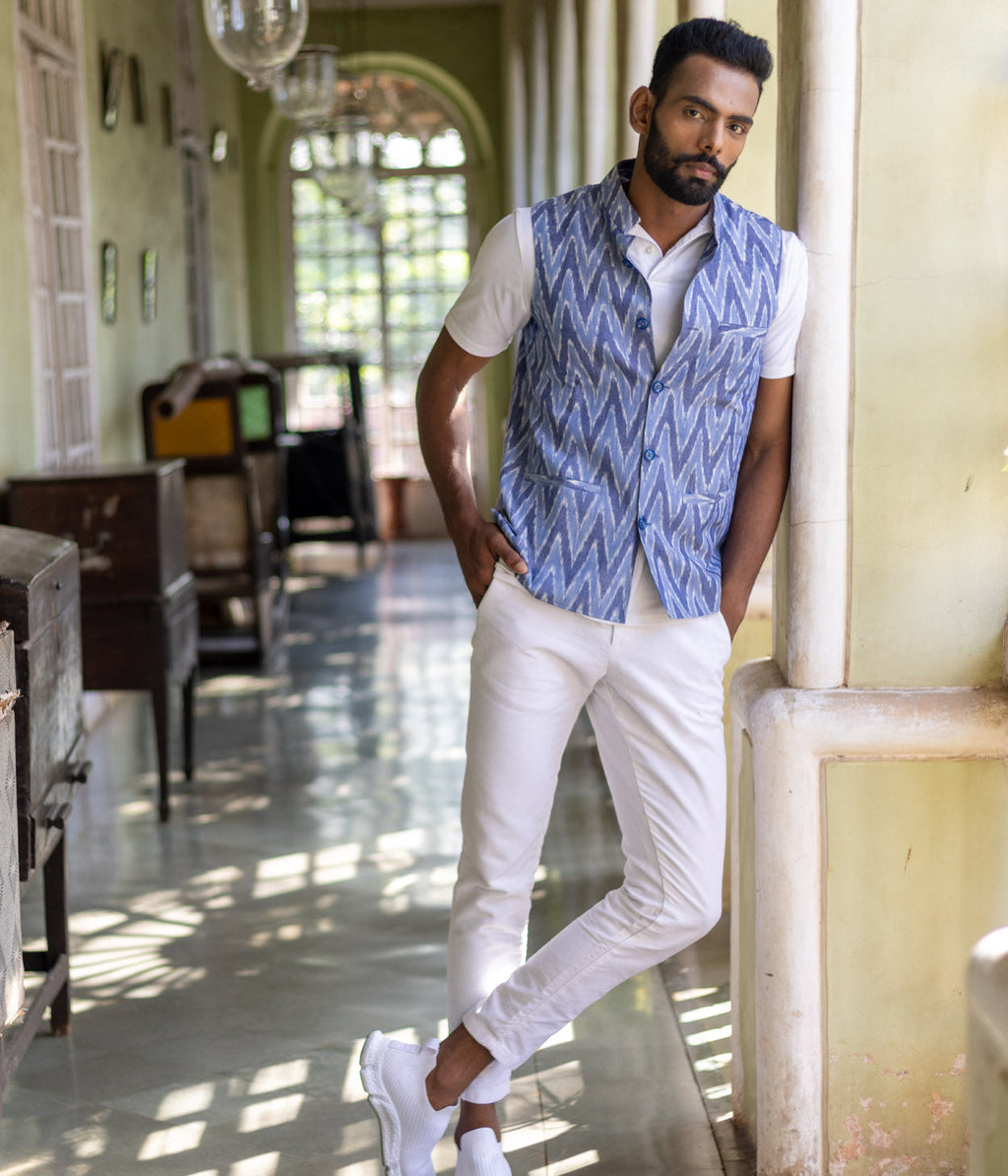 Ikat Blue Chevrons Mens Nehru Jacket