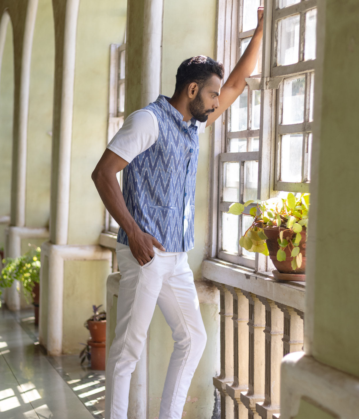 Ikat Blue Chevrons Mens Nehru Jacket