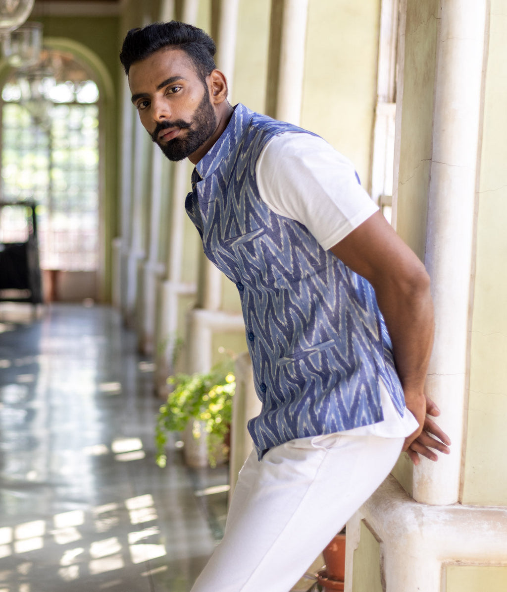 Ikat Blue Chevrons Mens Nehru Jacket