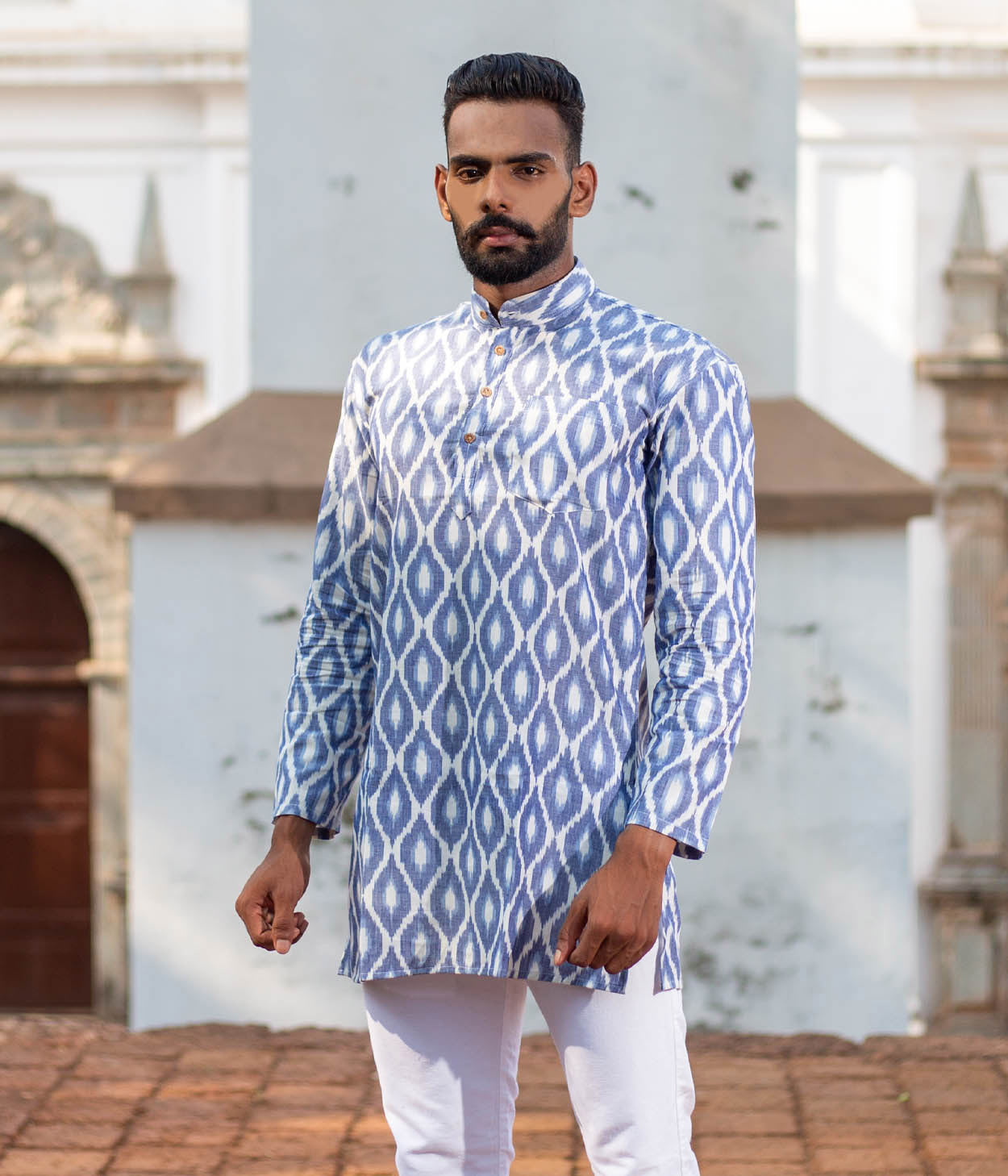 Ikat Blue Diamonds Mens Short Kurta
