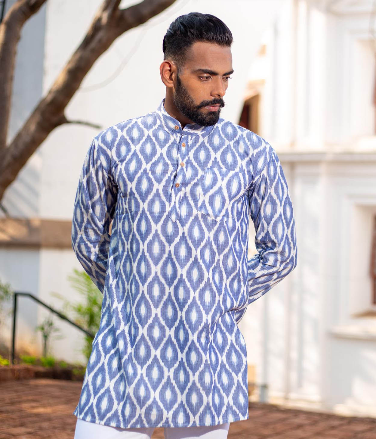 Ikat Blue Diamonds Mens Short Kurta Secondary image