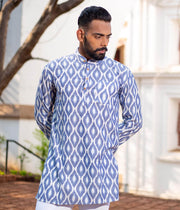 Ikat Blue Diamonds Mens Short Kurta