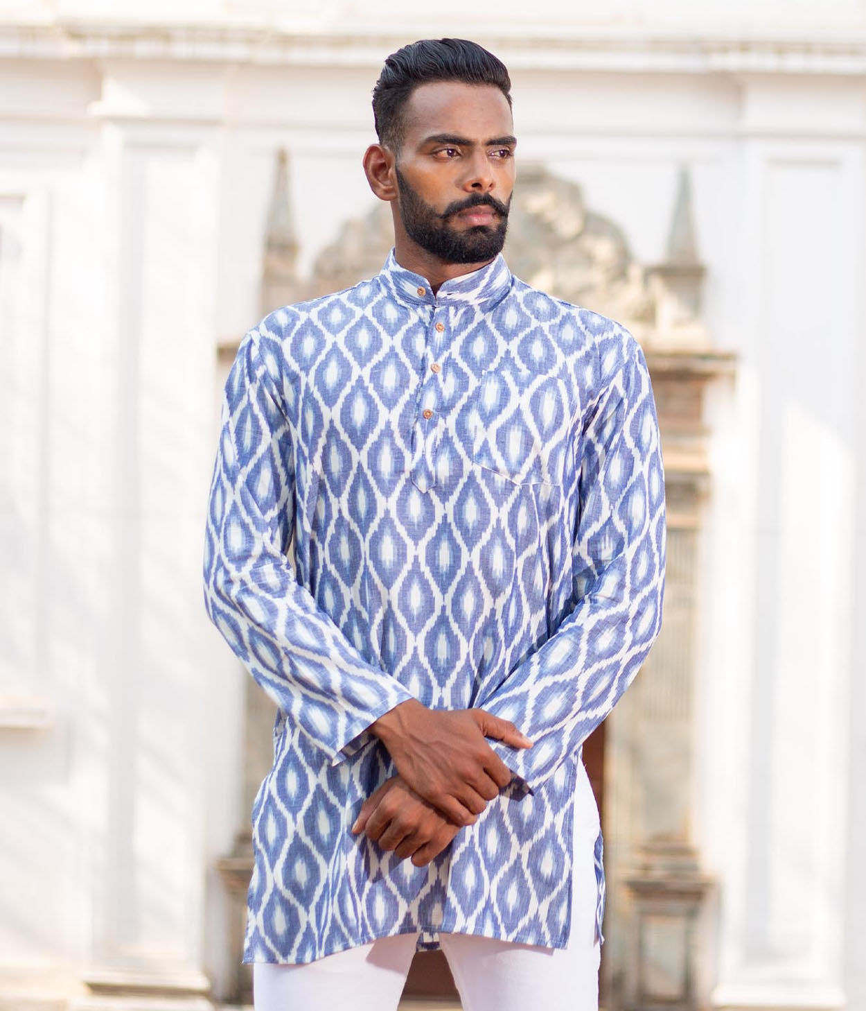 Ikat Blue Diamonds Mens Short Kurta
