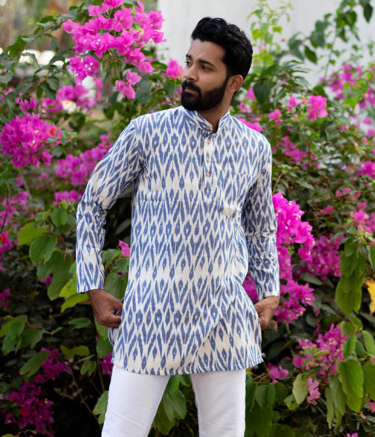 Ikat Blue Flames Mens Short Kurta