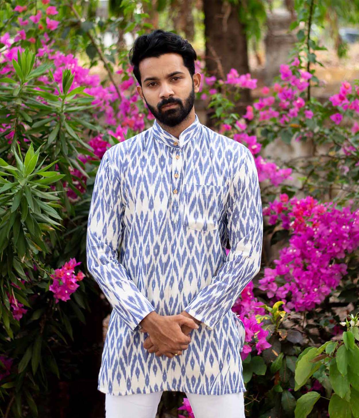 Ikat Blue Flames Mens Short Kurta