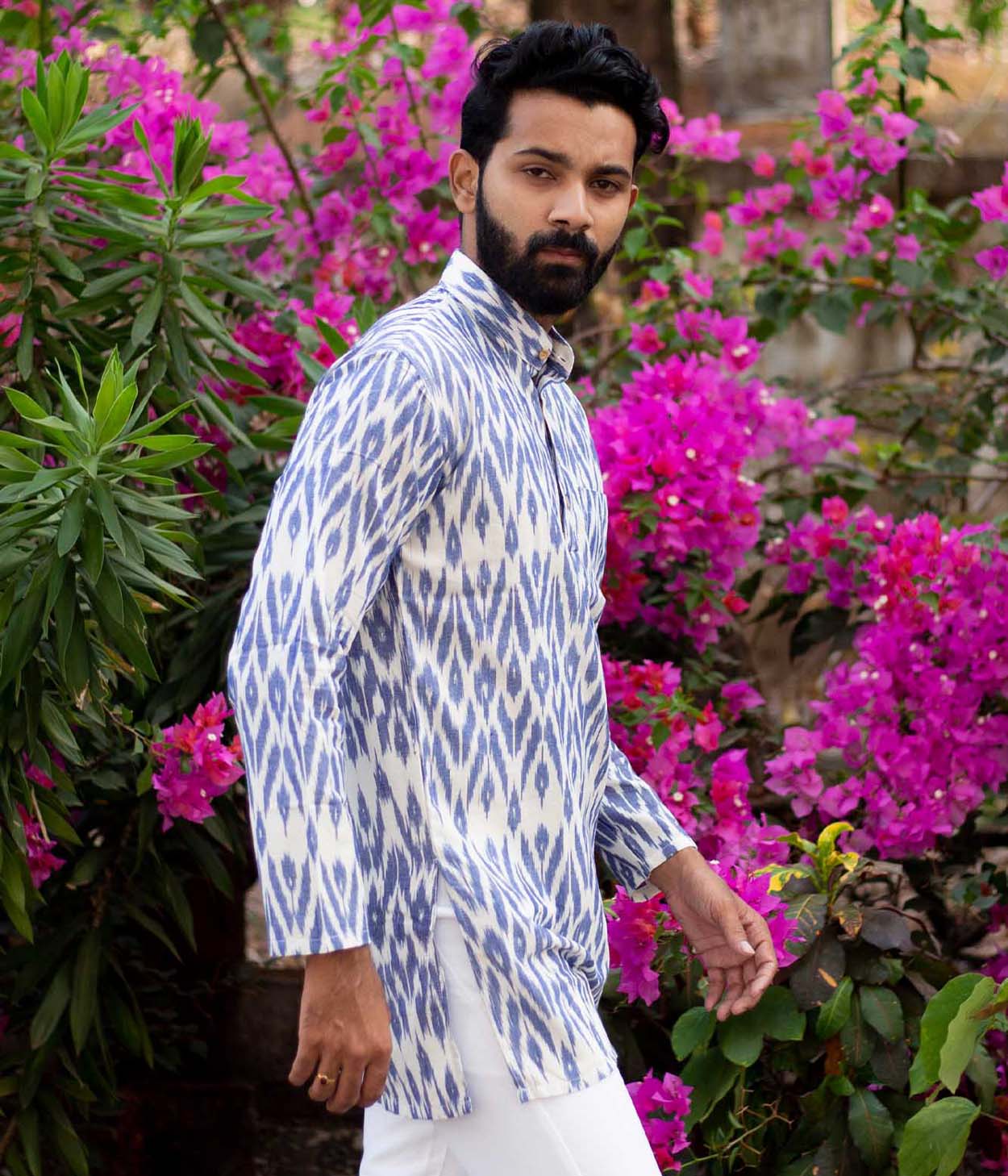 Ikat Blue Flames Mens Short Kurta