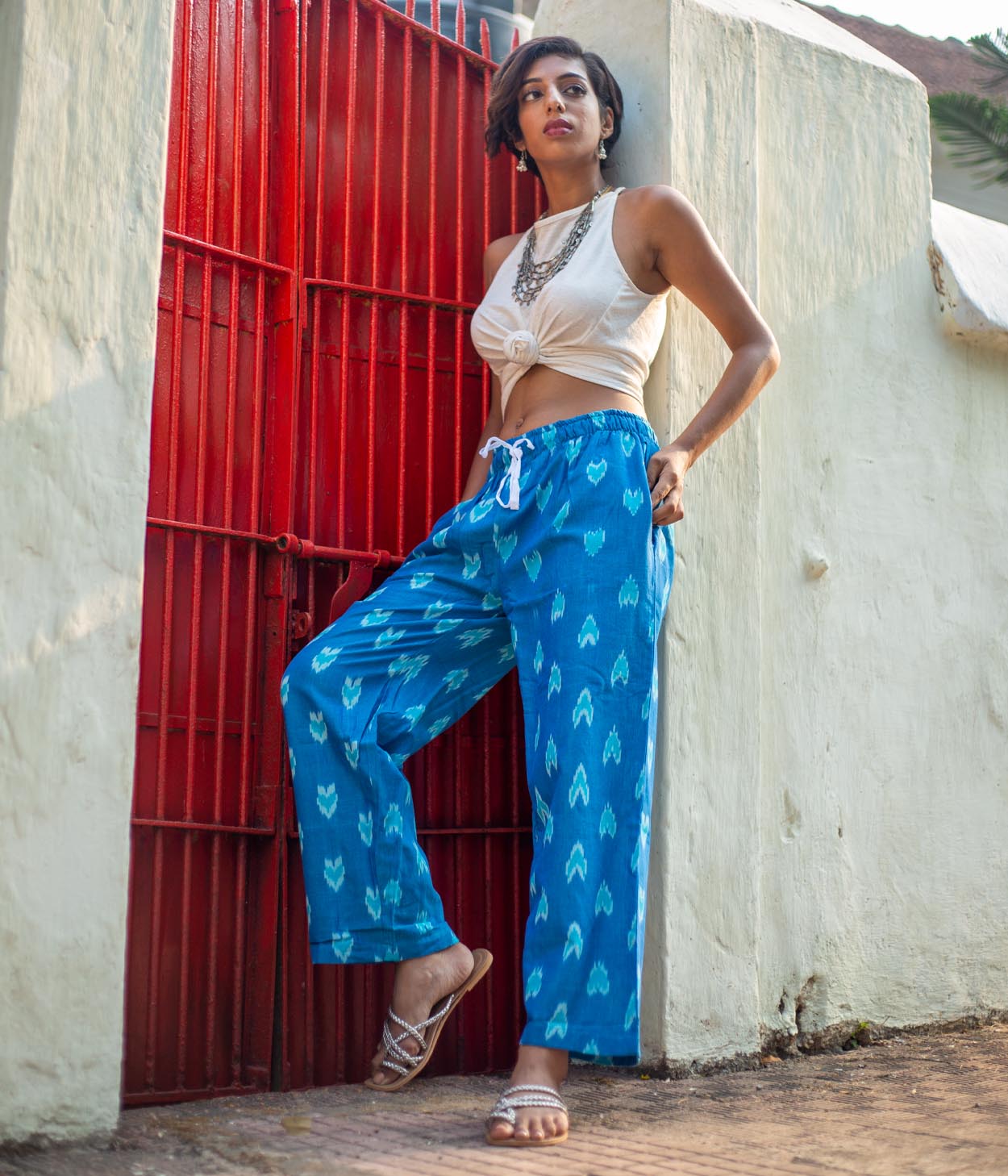 Ikat Blue Patterned Unisex Trousers Main image