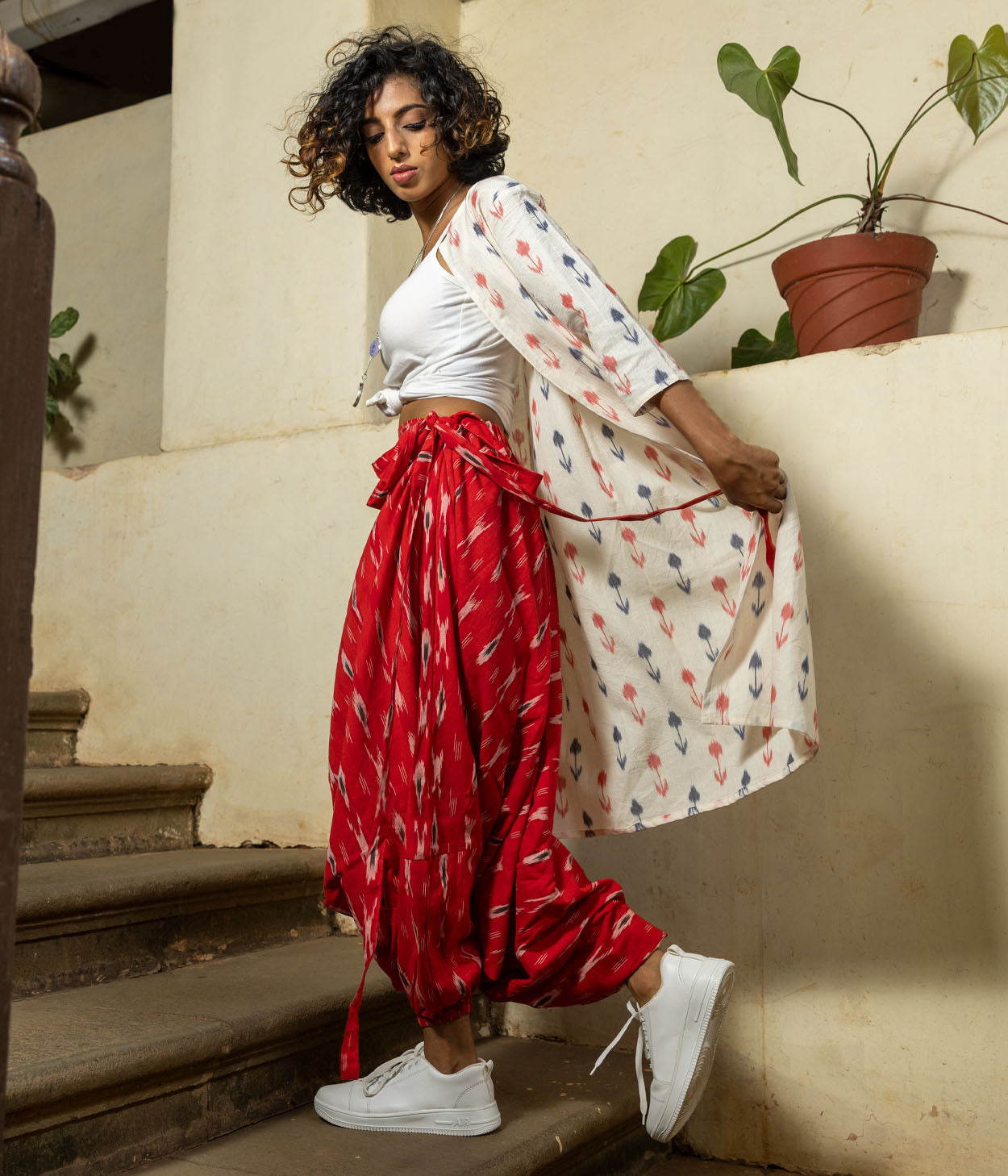 Ikat Blue & Red Arrows Women's Long Jacket Main image