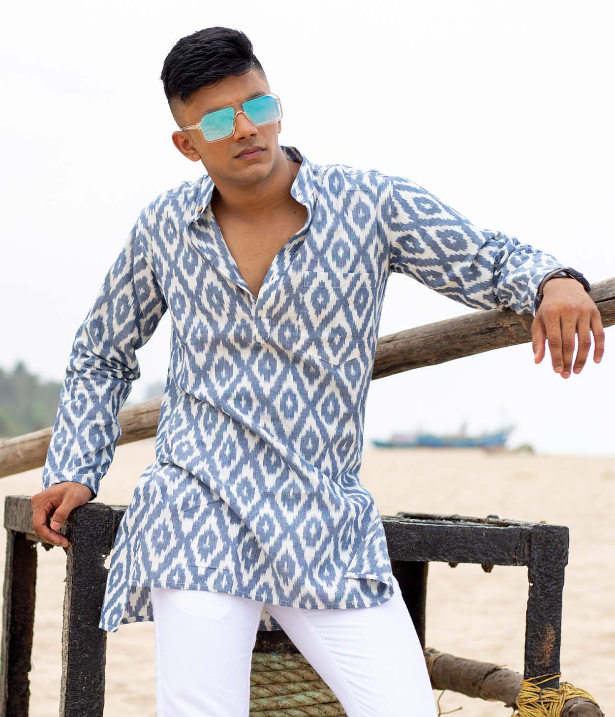 Ikat Blue Rhomboid Mens Short Kurta Main image