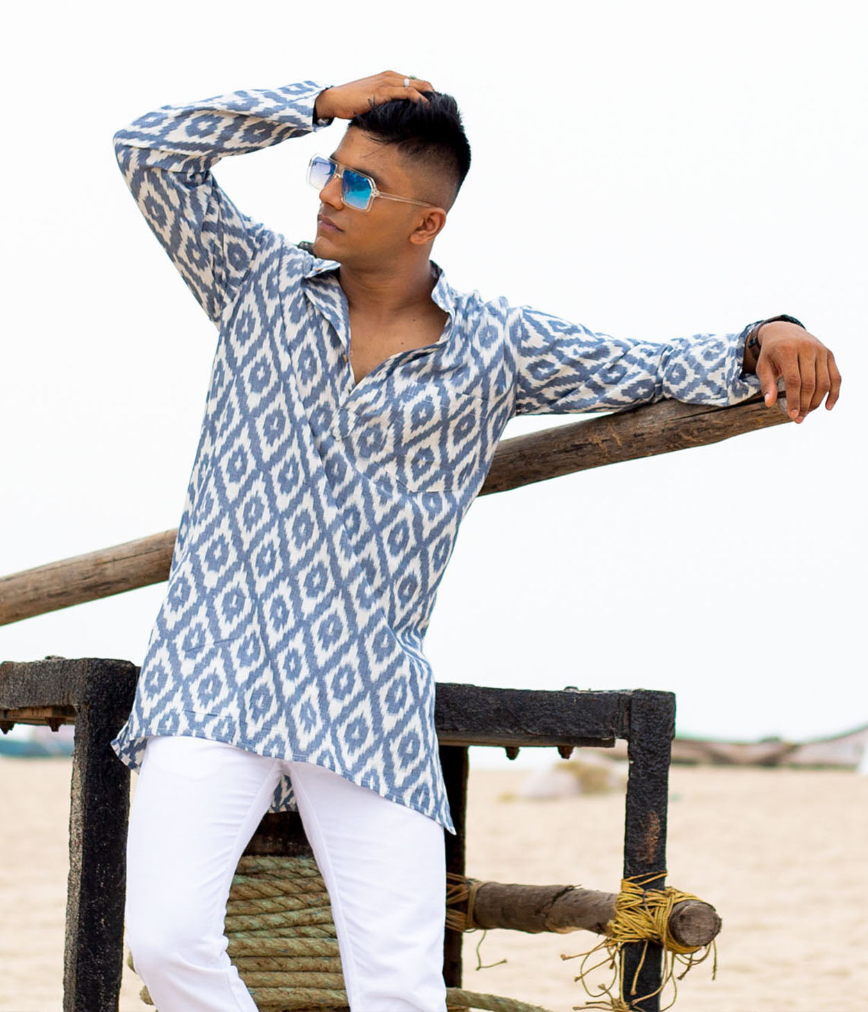 Ikat Blue Rhomboid Mens Short Kurta Secondary image