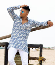 Ikat Blue Rhomboid Mens Short Kurta