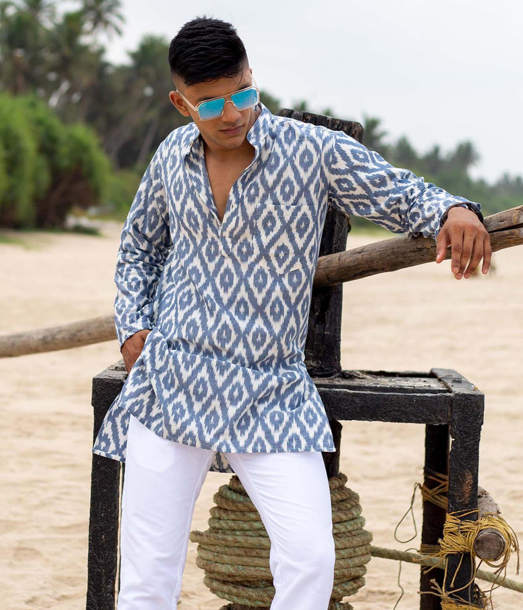 Ikat Blue Rhomboid Mens Short Kurta