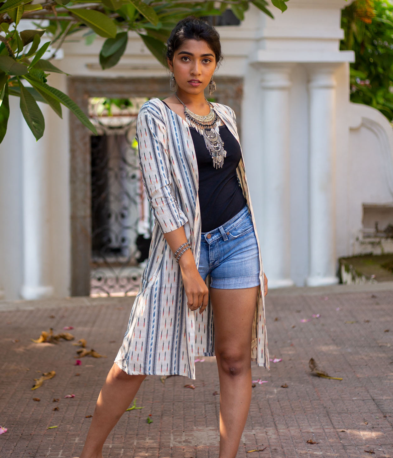 Ikat Blue Striped Women's Long Jacket Main image
