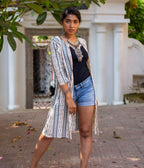 Ikat Blue Striped Women's Long Jacket
