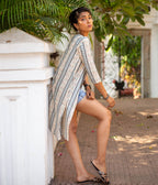 Ikat Blue Striped Women's Long Jacket