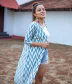 Ikat Blue Waves Women's Long Jacket