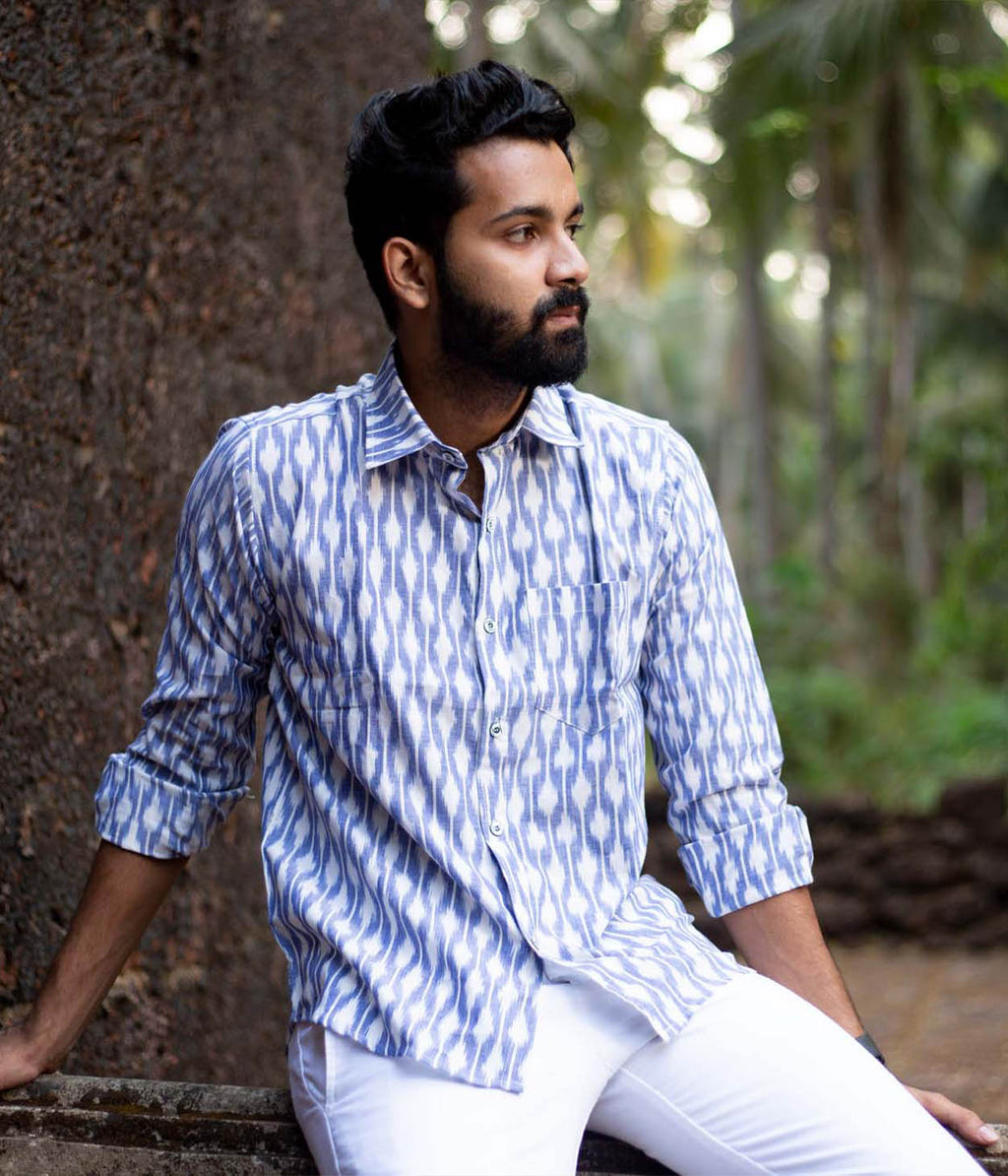 Ikat Blue-White Striped Full Shirt