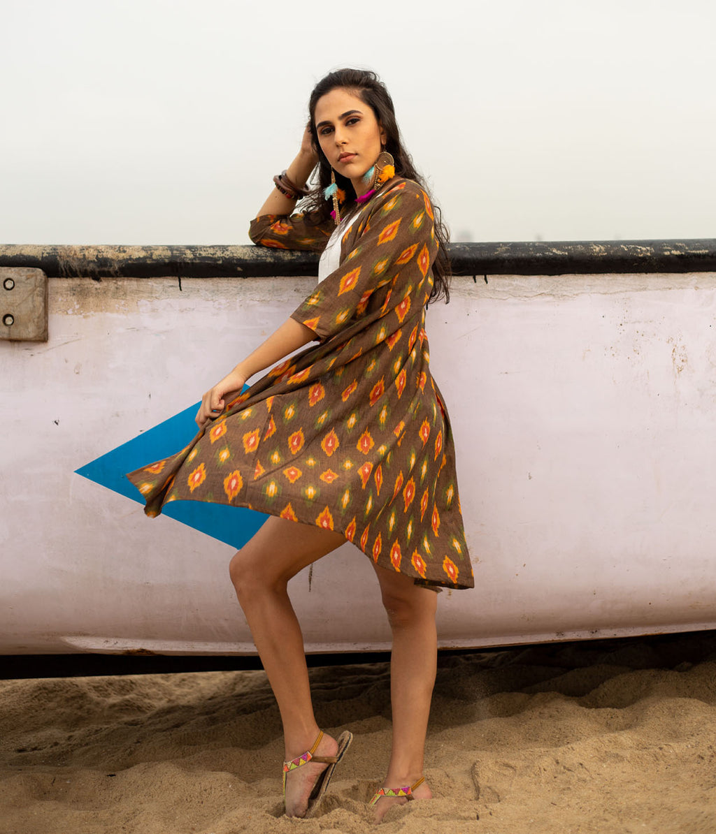 Ikat Brown Patterned Women's Long Jacket