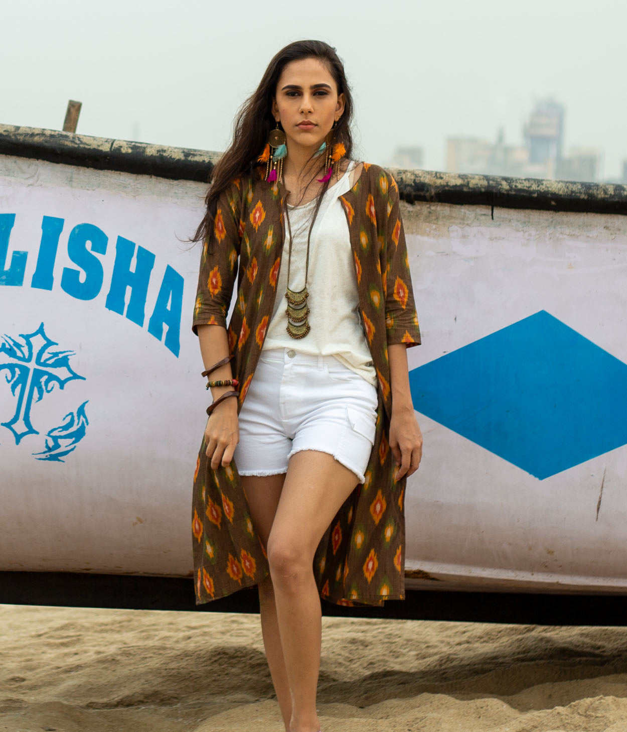 Ikat Brown Patterned Women's Long Jacket Main image