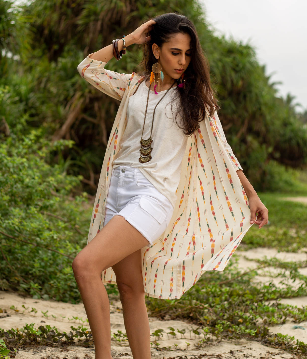 Ikat Cream Multicolor Arrows Women's Long Jacket