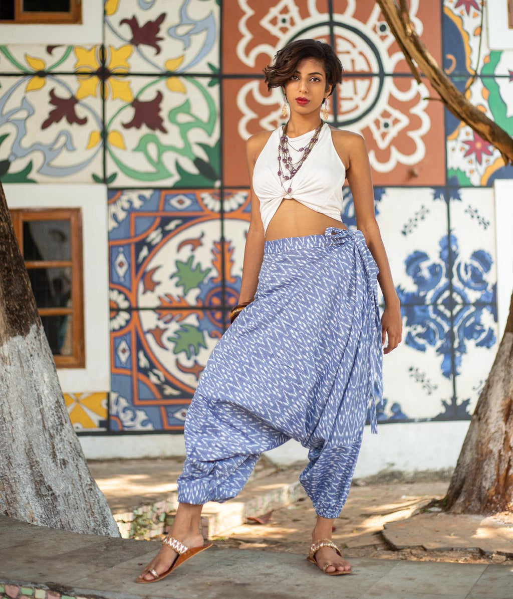 Ikat Denim Blue Patterned Boho Pant